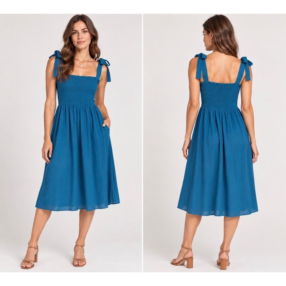 NWOT Wilfred Aritzia Golden Hour Teal Blue Smocked Tie Strap Midi
Midi Dress M